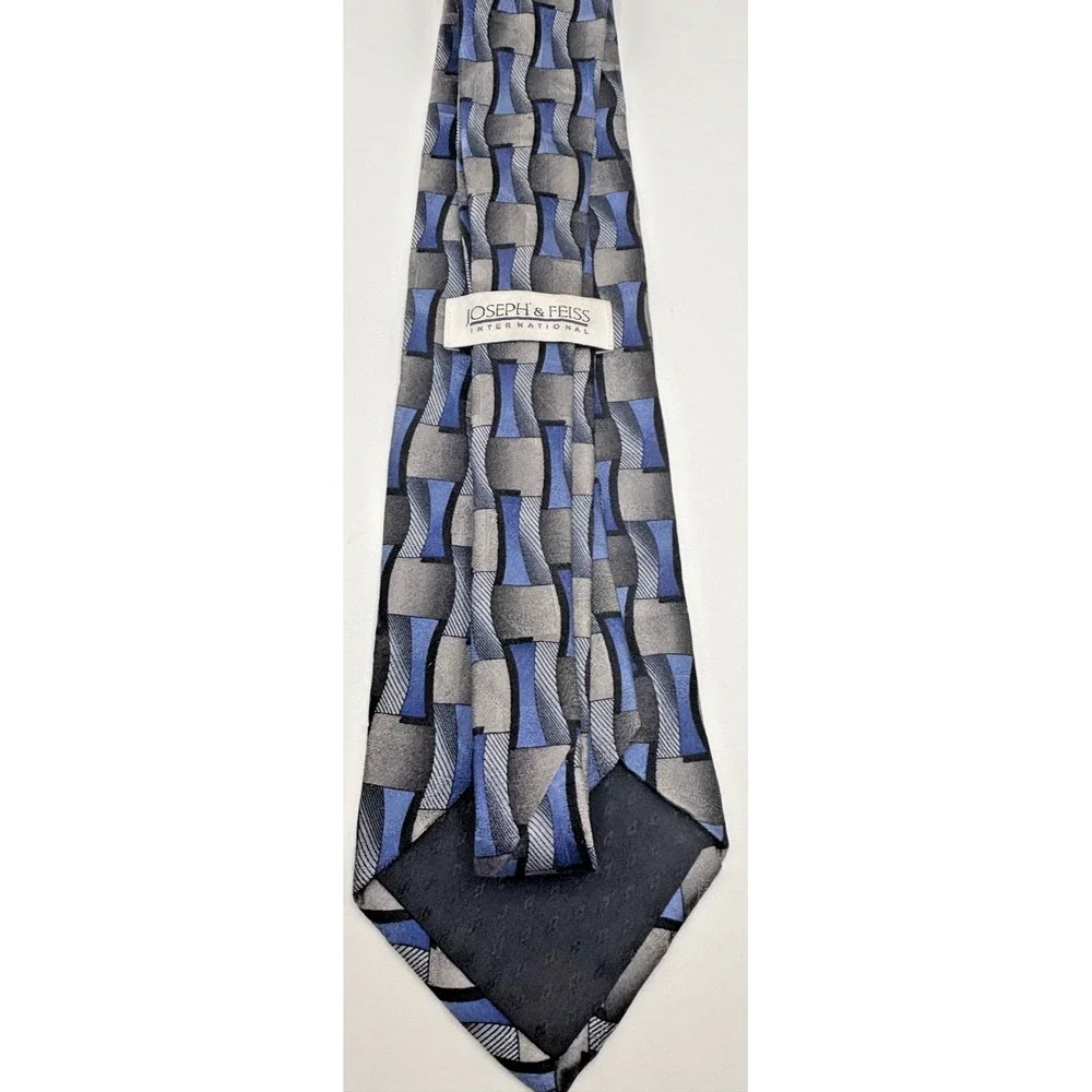 Joseph & Feiss International Men's Silk Neck Tie, Blue/Black Geometric Pattern